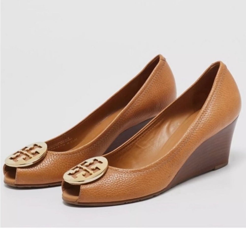 Tory Burch Brown Peep-Toe Wedges